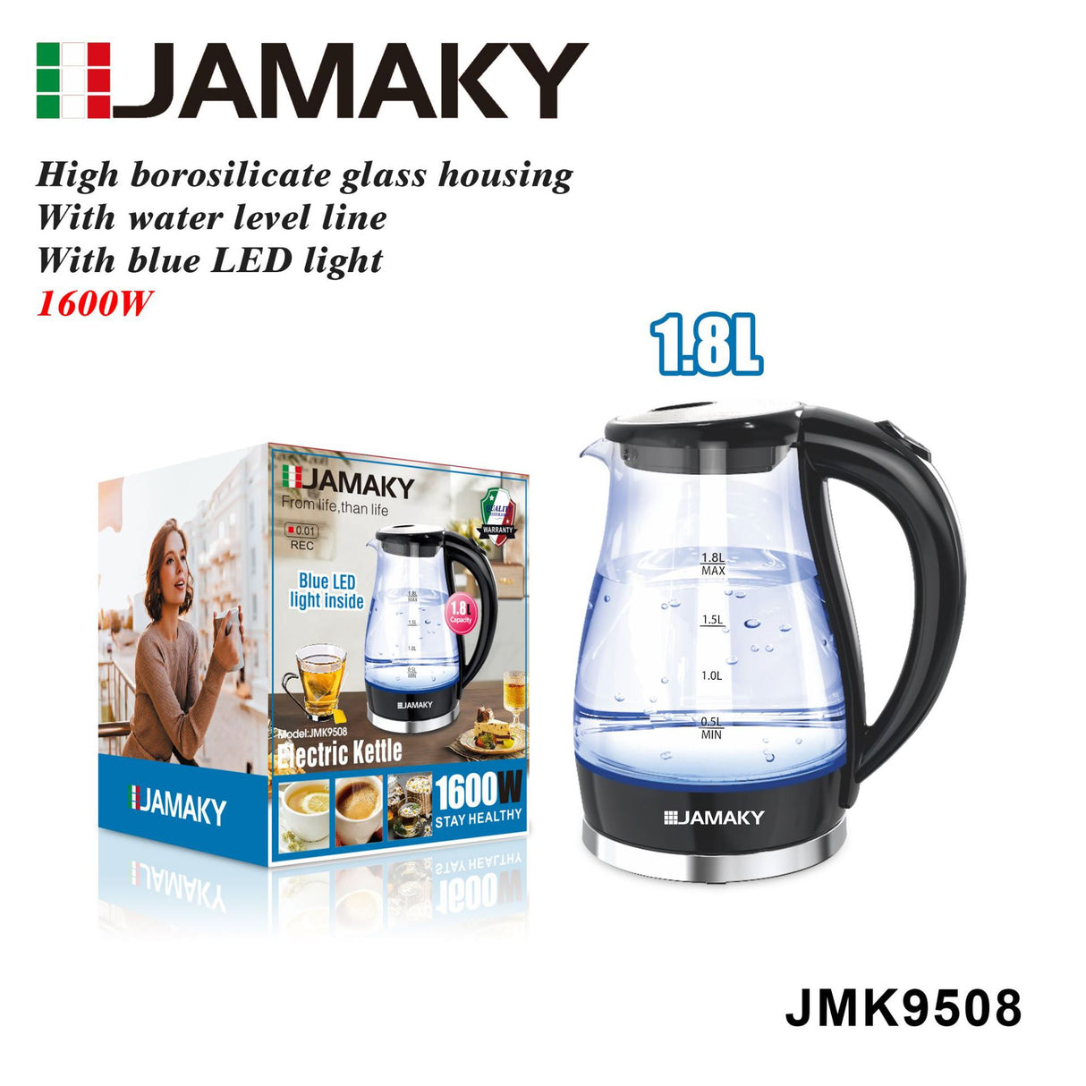 JAMAKY 1.8L Glass Electric Kettle with Auto Power-Off