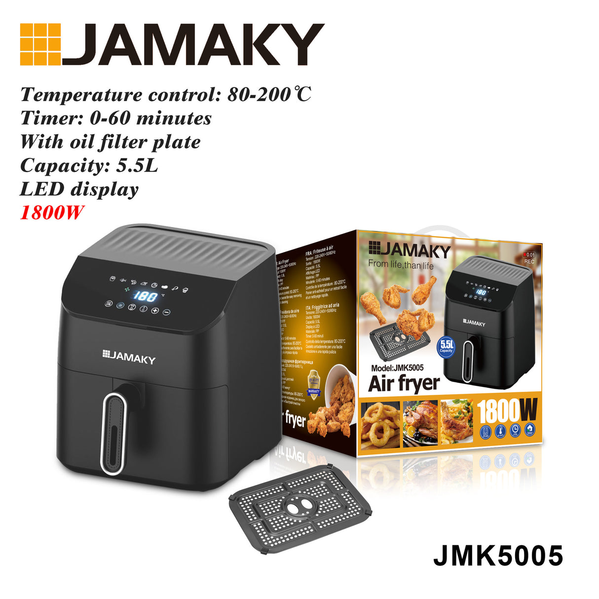 JAMAKY 5L LED Smart Touch Oil-Free Air Fryer