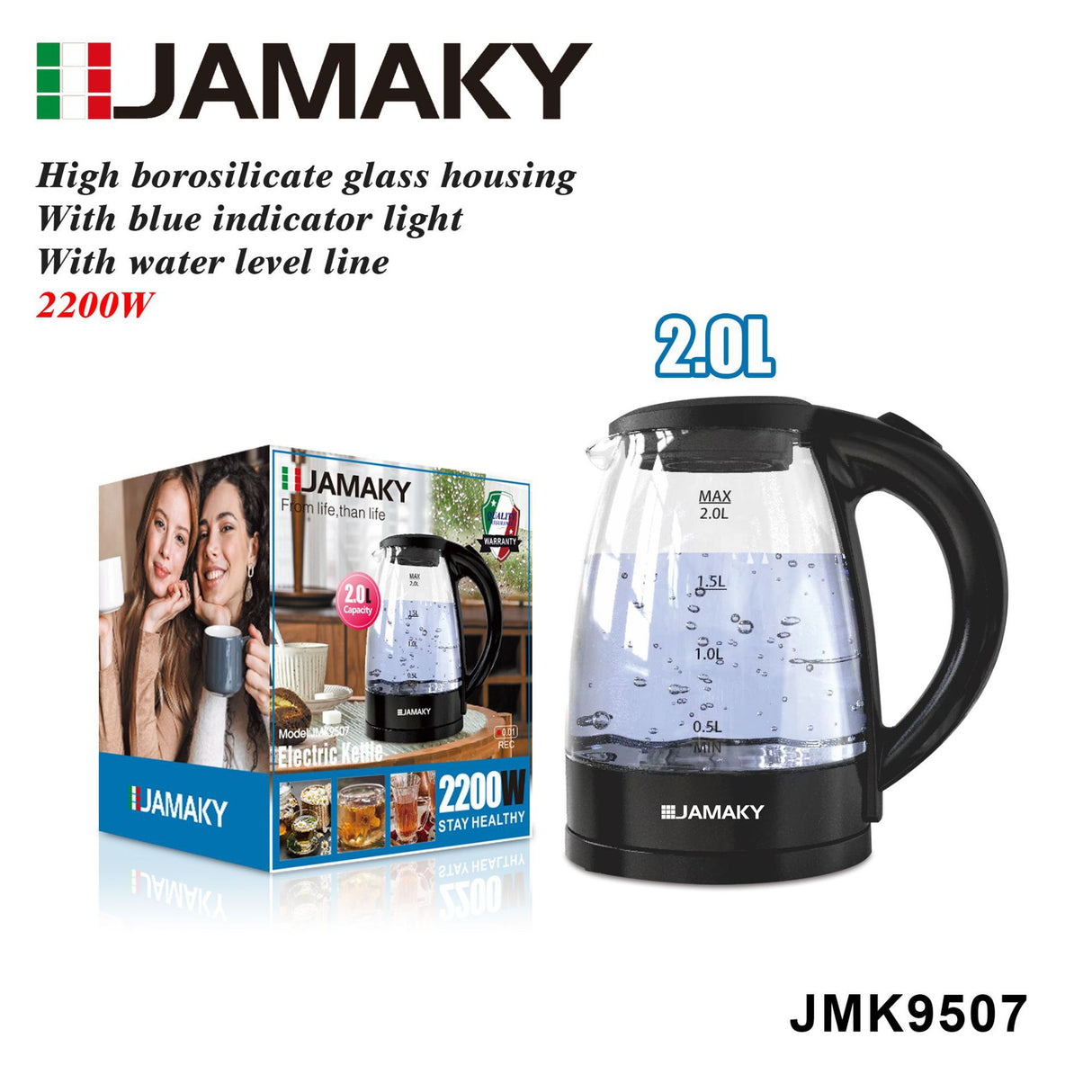 JAMAKY 1.8L Glass Electric Kettle with Anti-Dry Protection