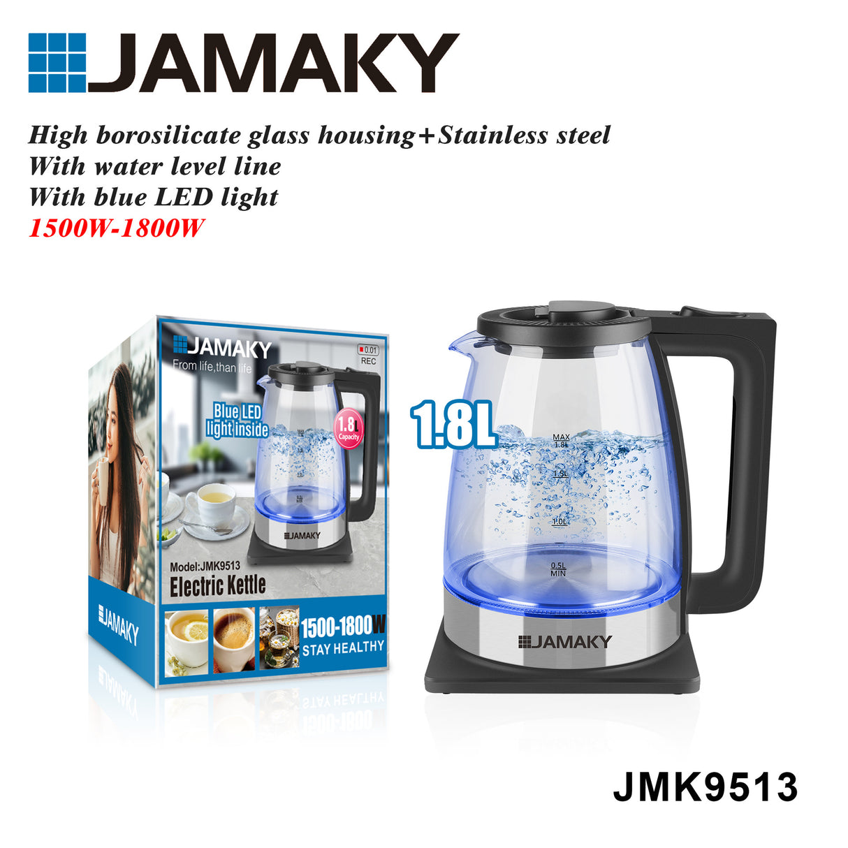 JAMAKY 1.8L Gaopeng Glass Electric Kettle with Auto Off