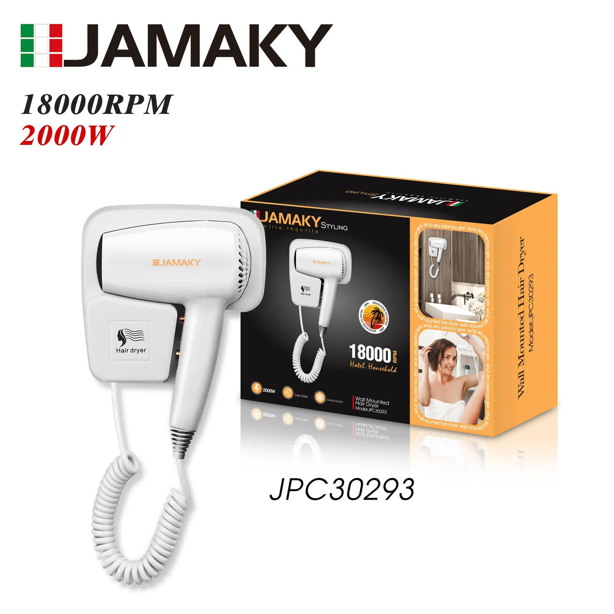 JAMAKY 1200W Wall-Mounted Hair Dryer – Compact, Quick Dry, Hot & Cold HENNEHS