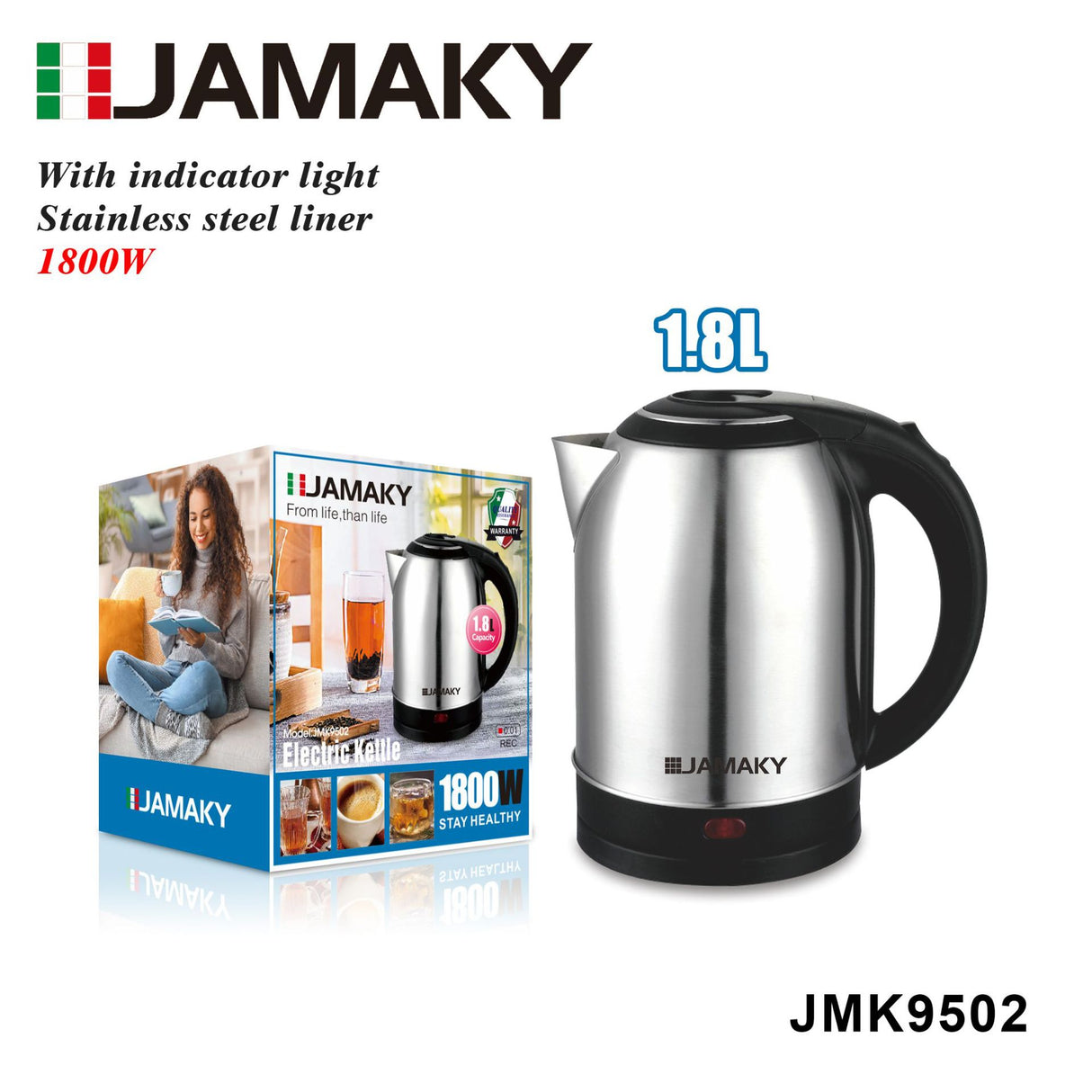 JAMAKY 1.8L Stainless Steel Electric Kettle with Auto-Off