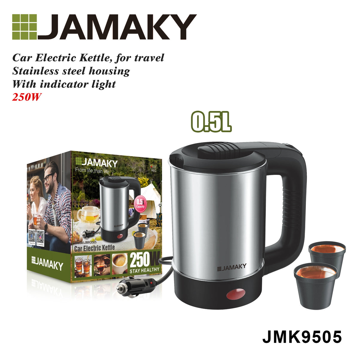 JAMAKY Portable Travel Electric Kettle, Fast Boil Stainless Steel