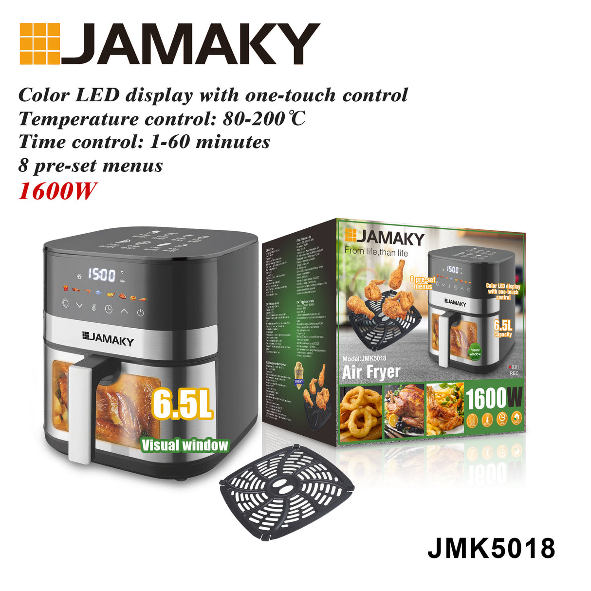 JAMAKY 5L Oil-Free Air Fryer with Hot Air Convection