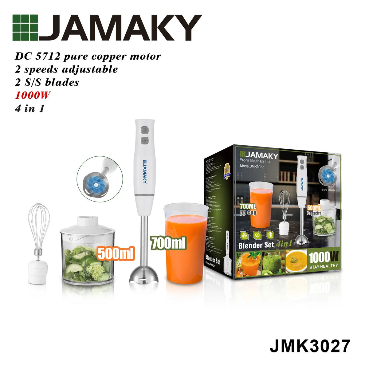 JAMAKY 4-in-1 Blender Food Processor Juicer Egg Beater Set HENNEHS