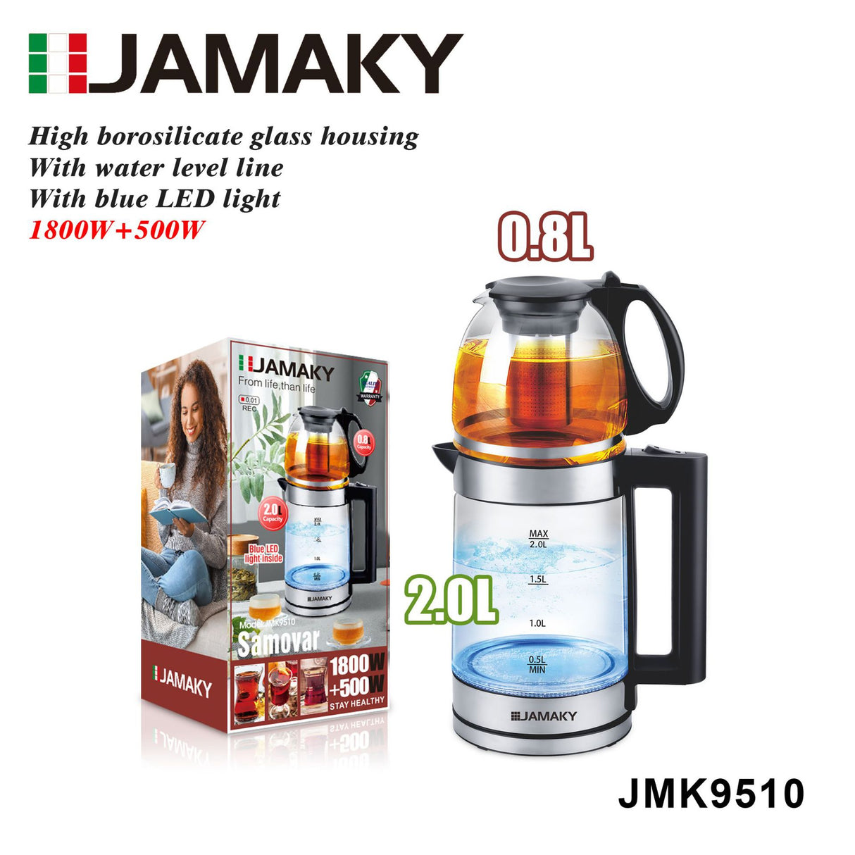 JAMAKY 1.8L Electric Turkish Coffee Pot Glass Body